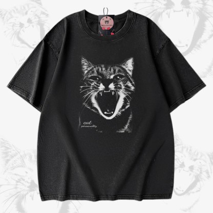 叫ぶ猫グラフィックModakawaユニセックス ヴィンテージウォッシュドTシャツ - Black - 5XL - image 1
