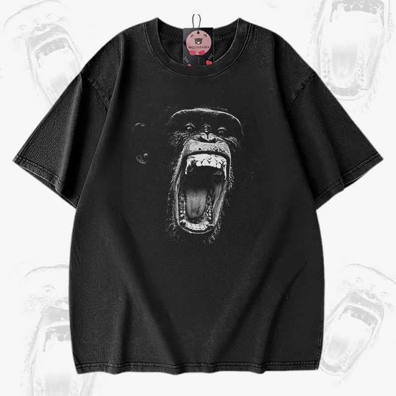 Roaring Ape グラフィックModakawaユニセックス ヴィンテージウォッシュ Tシャツ - Black - 5XL - image 1