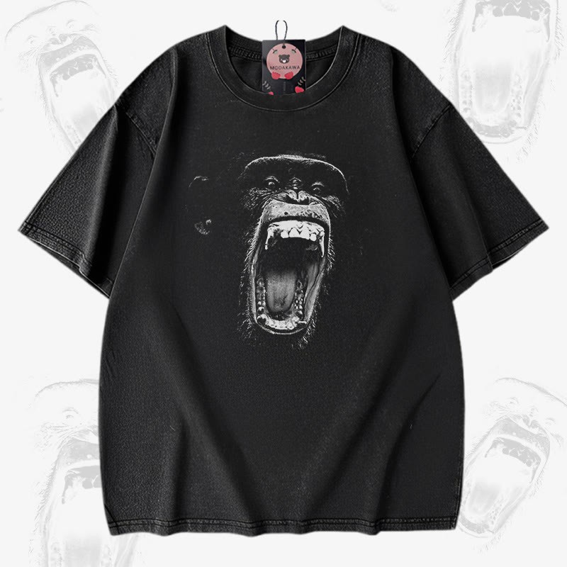 Roaring Ape グラフィックModakawaユニセックス ヴィンテージウォッシュ Tシャツ - Black - 5XL - image 1
