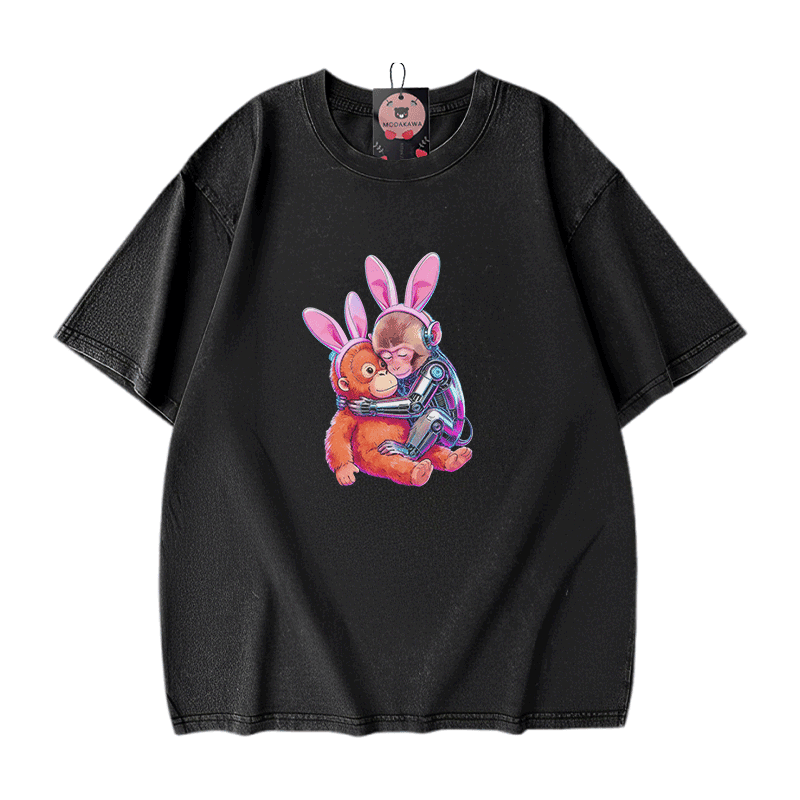 ハグするサイバーモンキー グラフィックModakawaヴィンテージウォッシュ100%綿Tシャツ - Black - 5XL - image 2