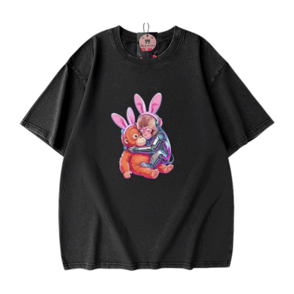 ハグするサイバーモンキー グラフィックModakawaヴィンテージウォッシュ100%綿Tシャツ - Black - 5XL - image 2