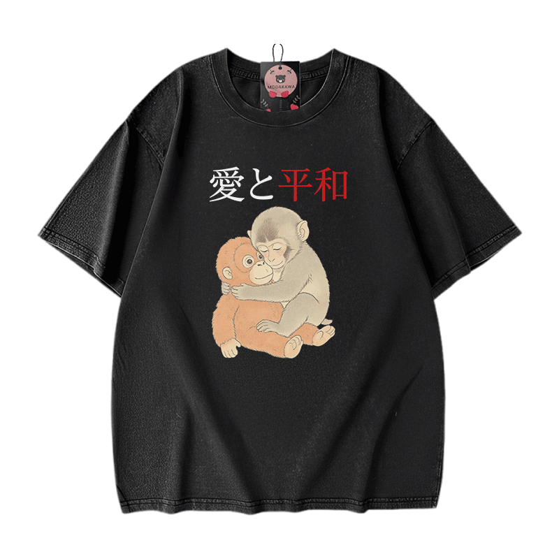 ピース・ラブ・ハグ・パンチ・モンキー・グラフィックModakawaヴィンテージウォッシュ加工綿100% Tシャツ - Black - 5XL - image 1