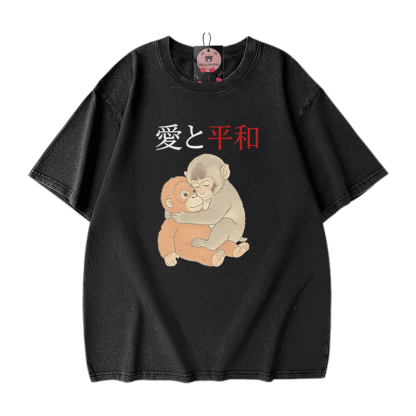 ピース・ラブ・ハグ・パンチ・モンキー・グラフィックModakawaヴィンテージウォッシュ加工綿100% Tシャツ - Black - 5XL - image 1