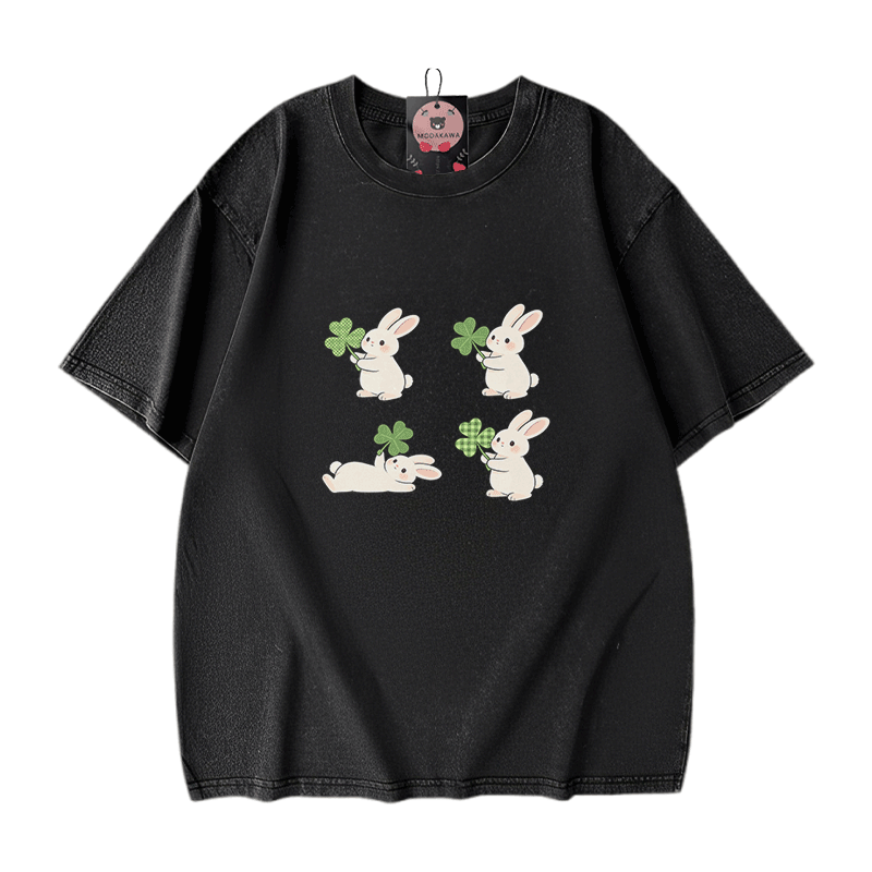 セントパトリックデー バニー グラフィックModakawaヴィンテージ ウォッシュ加工100%綿Tシャツ - Black - 5XL - image 1