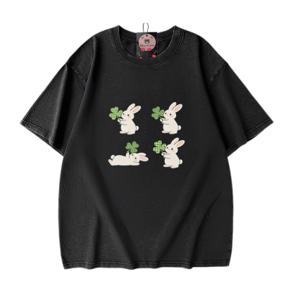 セントパトリックデー バニー グラフィックModakawaヴィンテージ ウォッシュ加工100%綿Tシャツ - Black - 5XL - image 1