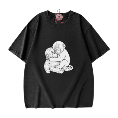 モンキーハグ グラフィックModakawaヴィンテージウォッシュ100%綿Tシャツ - Black - 5XL - image 2