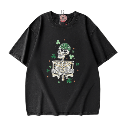 セント・パトリック・デー グラフィックModakawaヴィンテージ ウォッシュ加工100%綿Tシャツ - Black - 5XL - image 1