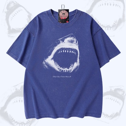 シャークマウスグラフィックModakawaヴィンテージウォッシュ加工100%綿Tシャツ - Blue - 5XL - image 1