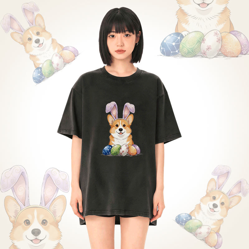 イースターエッグパピーグラフィックModakawaユニセックス ヴィンテージウォッシュドTシャツ - image 2