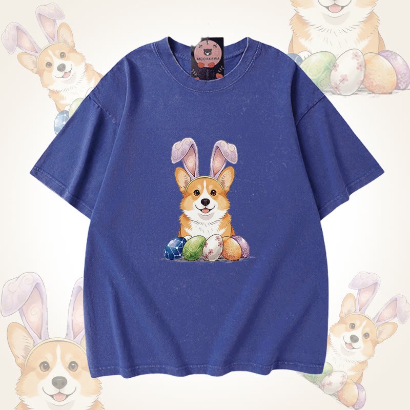 イースターエッグパピーグラフィックModakawaユニセックス ヴィンテージウォッシュドTシャツ - Blue - 5XL - image 4