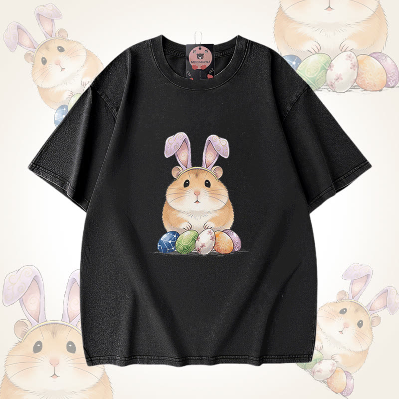 イースターエッグハムスターグラフィックModakawaユニセックス ヴィンテージウォッシュドTシャツ - Black - 5XL - image 1