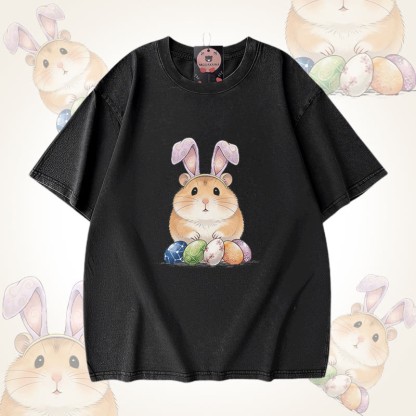 イースターエッグハムスターグラフィックModakawaユニセックス ヴィンテージウォッシュドTシャツ - Black - 5XL - image 1