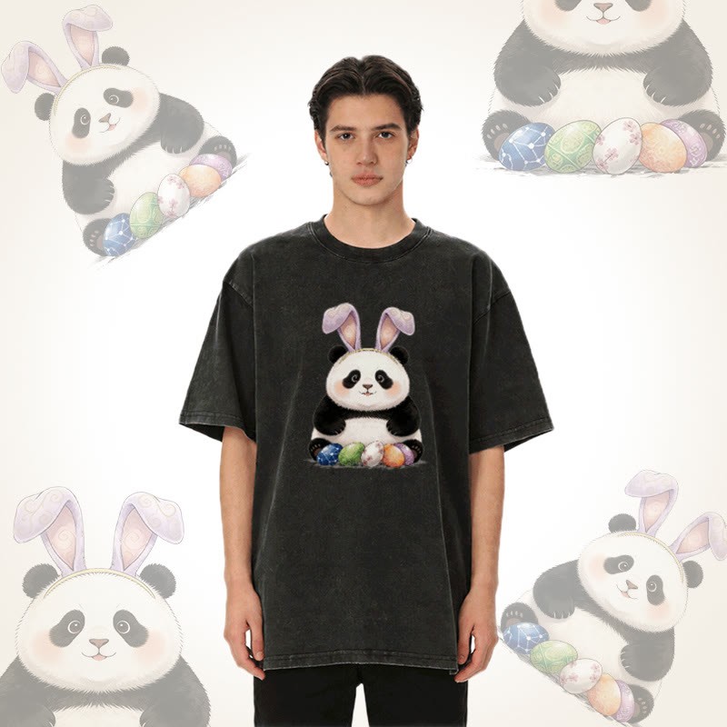 イースターエッグパンダグラフィックModakawaユニセックス ヴィンテージウォッシュドTシャツ - image 2
