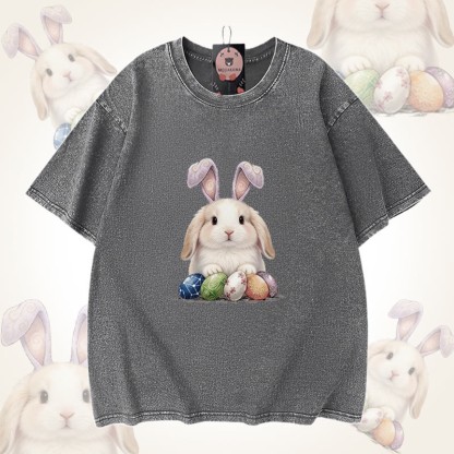 イースターエッグバニーグラフィックModakawaユニセックス ヴィンテージウォッシュドTシャツ - Grey - 5XL - image 6