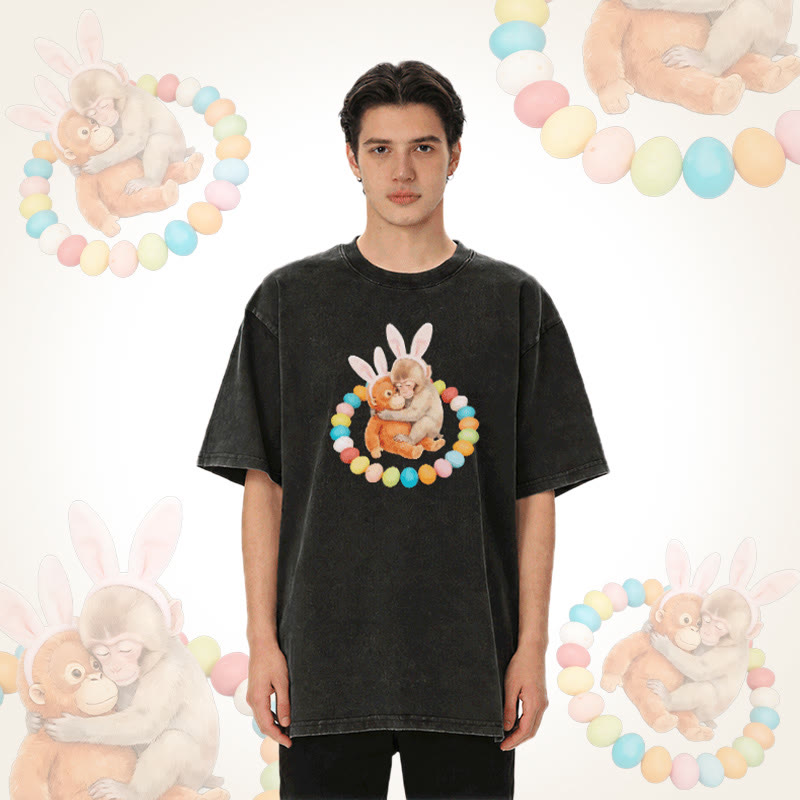 イースターエッグモンキーグラフィックModakawaユニセックス ヴィンテージウォッシュドTシャツ - image 2