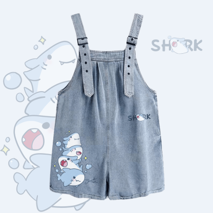 サメ柄ワイドレッグデニムオーバーオールショーツ - Light Blue - 2XL - image 1