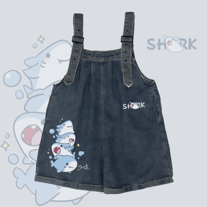 サメ柄ワイドレッグデニムオーバーオールショーツ - Dark Blue - 2XL - image 2
