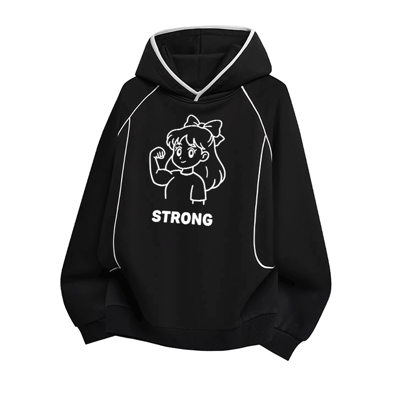 STRONG かわいい漫画の女の子グラフィックModakawaラグランスリーブ オーバーサイズ プルオーバーパーカー - Black - 3XL - image 1