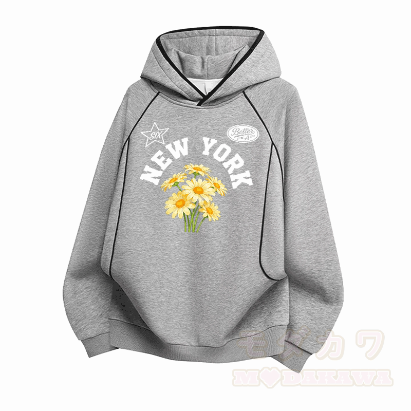 NEW YORK フラワーグラフィックModakawaラグランスリーブ オーバーサイズ プルオーバー パーカー - グレー - 3XL - image 3