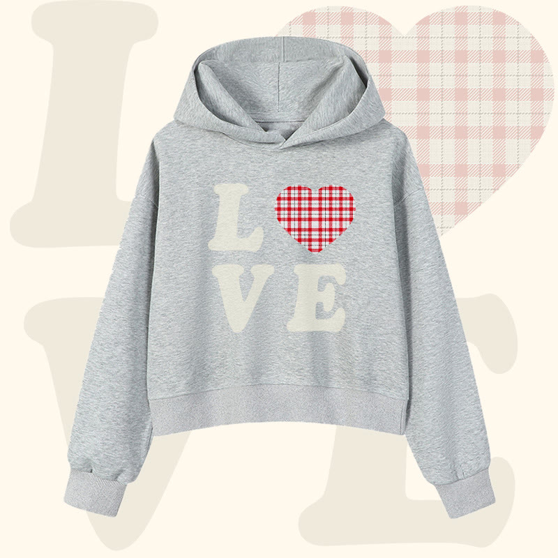 LOVE トレンディ グリッド ハート グラフィックModakawaクロップド綿フーディー - Grey - 3XL - image 1