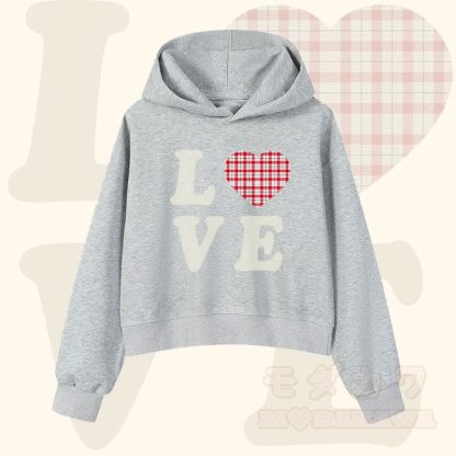 LOVE トレンドのグリッドハートグラフィックModakawaクロップド綿パーカー - グレー - 3XL - image 1