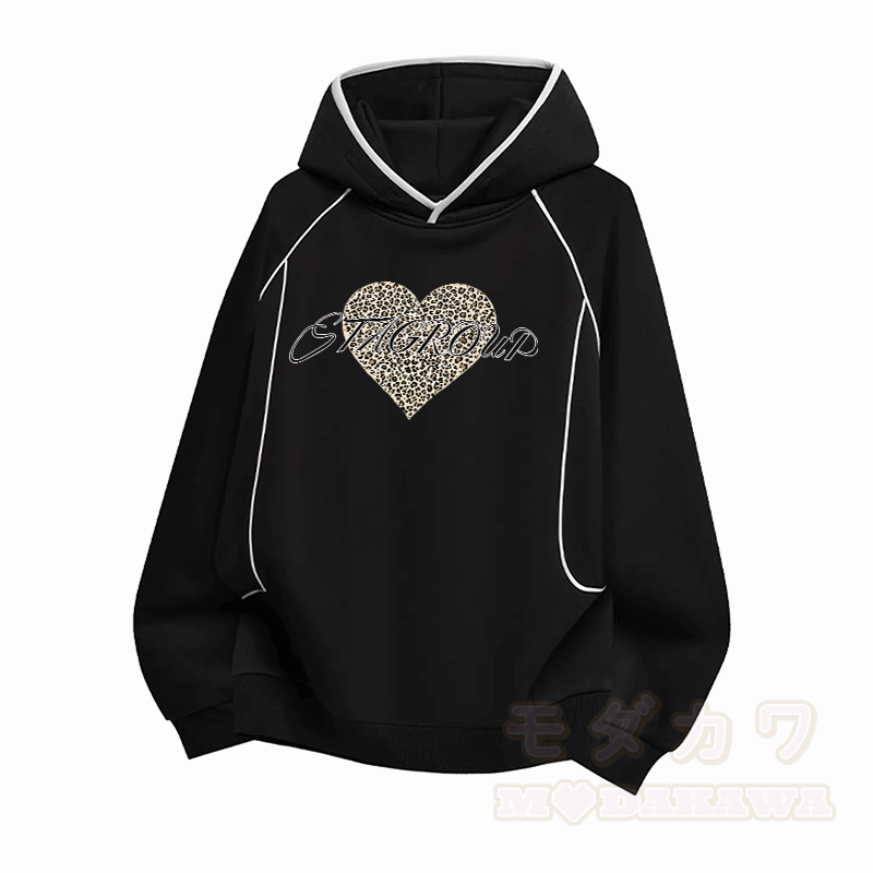 レオパードハートグラフィックModakawaカワラグランスリーブオーバーサイズプルオーバーパーカー - 黒 - 3XL - image 2