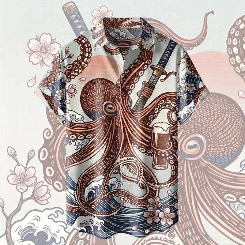 タコ柄のModakawa着物シャツ - Red - 5XL - image 2