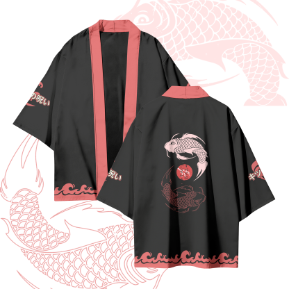鯉柄のModakawaカワカーディガン着物アウター - Black & Red - 3XL - image 1
