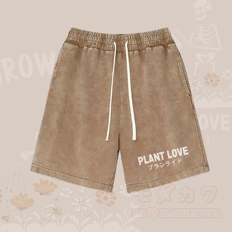 PLANT LOVE レターグラフィックModakawaヴィンテージウォッシュショーツ - 茶色 - 3XL - image 1