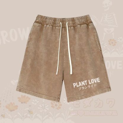 PLANT LOVE レターグラフィックModakawaヴィンテージウォッシュショーツ - 茶色 - 3XL - image 1