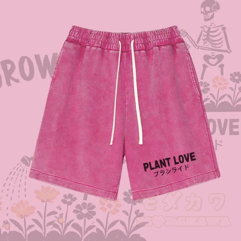 PLANT LOVE レターグラフィックModakawaヴィンテージウォッシュショーツ - ローズレッド - 3XL - image 4