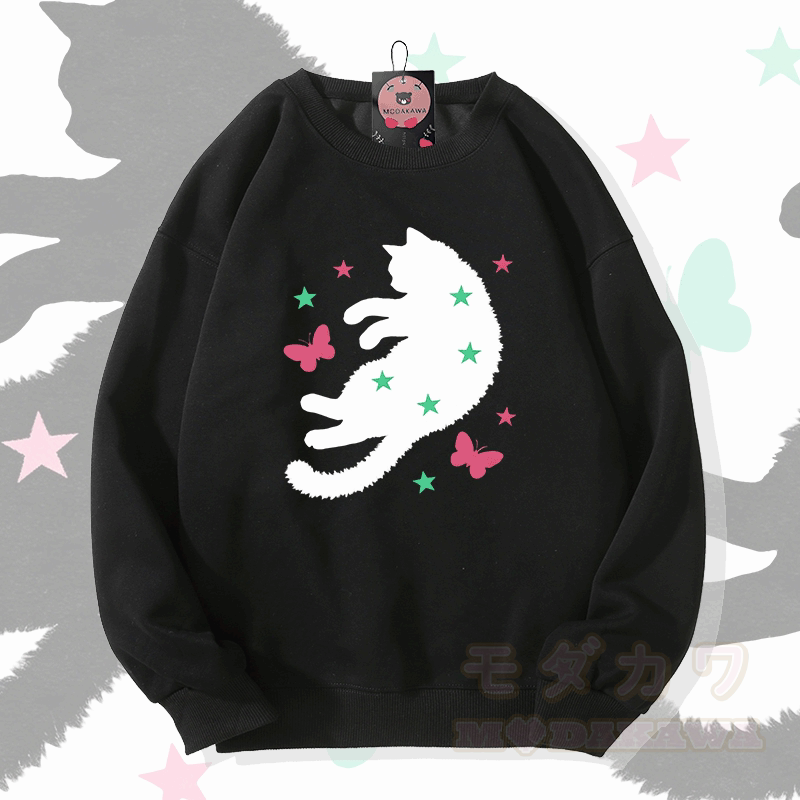 星と蝶と猫のグラフィック入りModakawaスウェットシャツ - 黒 - 5XL - image 2
