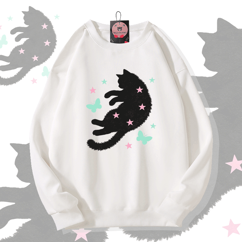 星と蝶と猫のグラフィック入りModakawaスウェットシャツ - White - 5XL - image 1