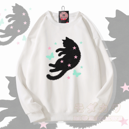 星と蝶と猫のグラフィック入りModakawaスウェットシャツ - 白 - 5XL - image 1