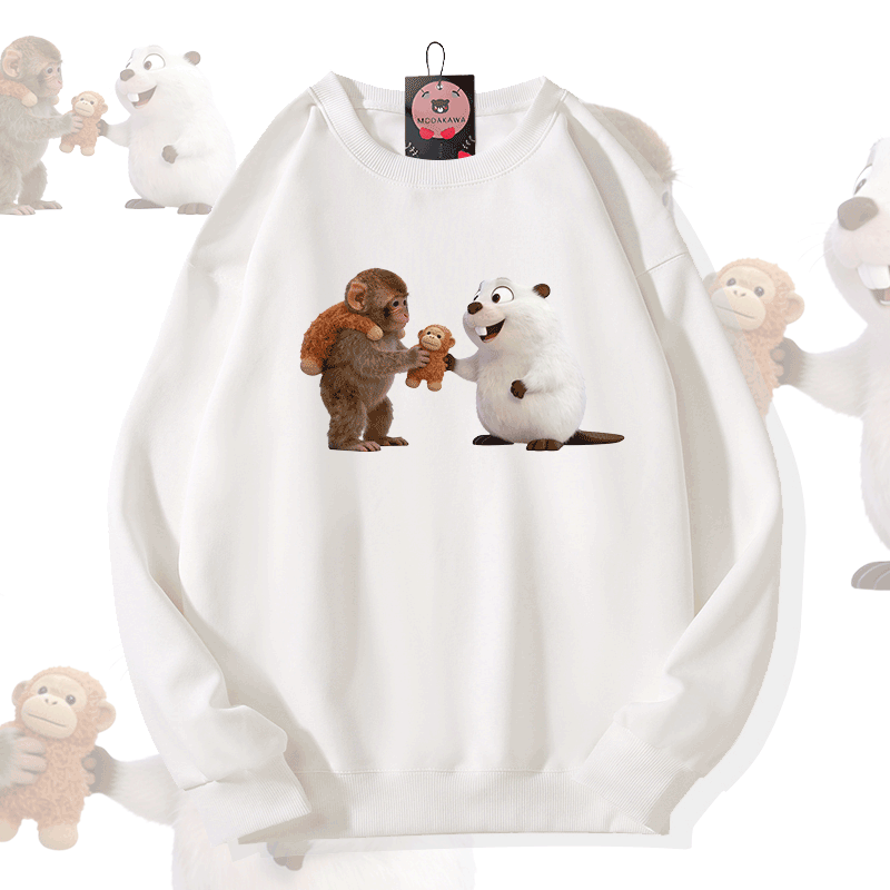 PUNCH 面白い猿とフグのグラフィックModakawaスウェットシャツ - White - 5XL - image 1