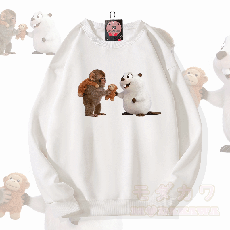 PUNCH 面白い猿とフグのグラフィックModakawaスウェットシャツ - 白 - 5XL - image 1