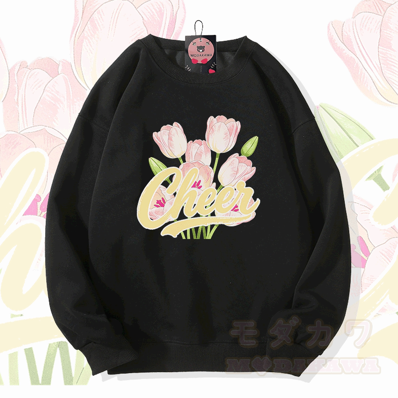 CHEER チューリップ グラフィックModakawaスウェットシャツ - 黒 - 5XL - image 3