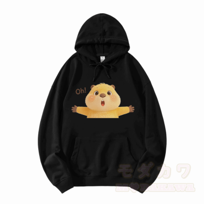 OH カピバラ グラフィックModakawaルーズ コットンブレンド フーディー - 黒 - 5XL - image 3