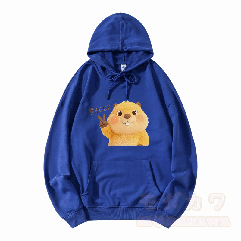 PEACE カピバラ グラフィックModakawaルーズ コットンブレンド フーディー - 青 - 5XL - image 2