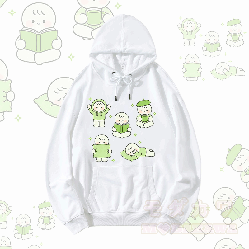 かわいいキャラクター柄入りModakawaゆったりコットン混パーカー - 白 - 5XL - image 1