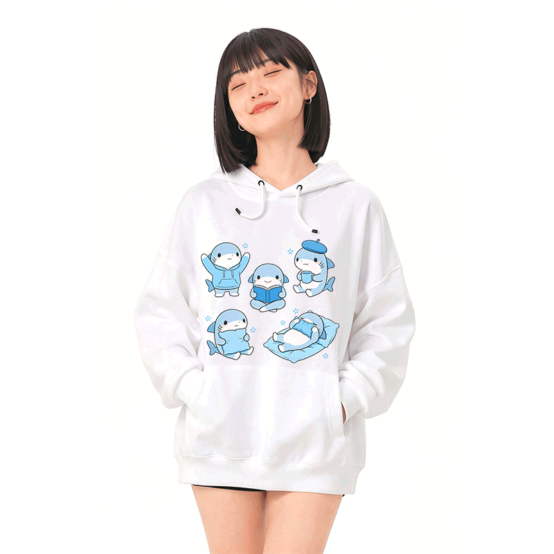 かわいいサメのグラフィック入りModakawaゆったりコットンブレンドパーカー - image 2