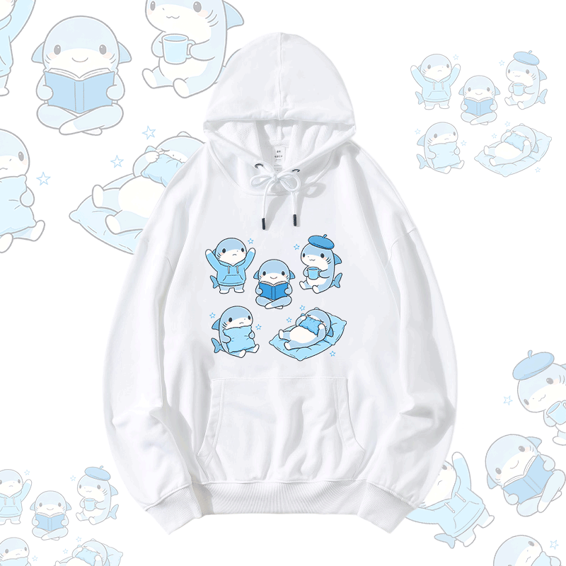 かわいいサメのグラフィック入りModakawaゆったりコットンブレンドパーカー - White - 5XL - image 1