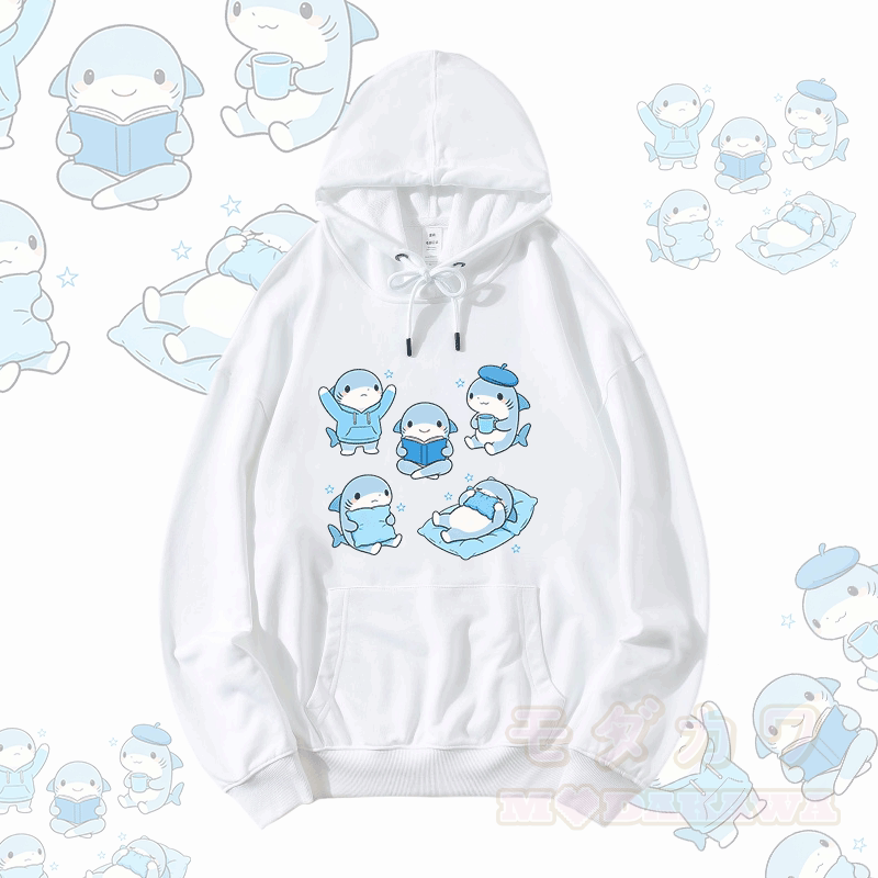 かわいいサメのグラフィック入りModakawaゆったりコットンブレンドパーカー - 白 - 5XL - image 1