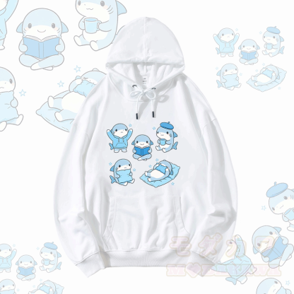 かわいいサメのグラフィック入りModakawaゆったりコットンブレンドパーカー - 白 - 5XL - image 1