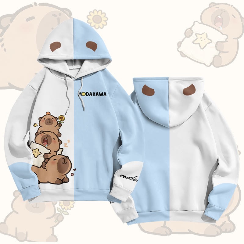 かわいいカピバラグラフィックModakawaプルオーバーパーカー - Blue & White - 6XL - image 2