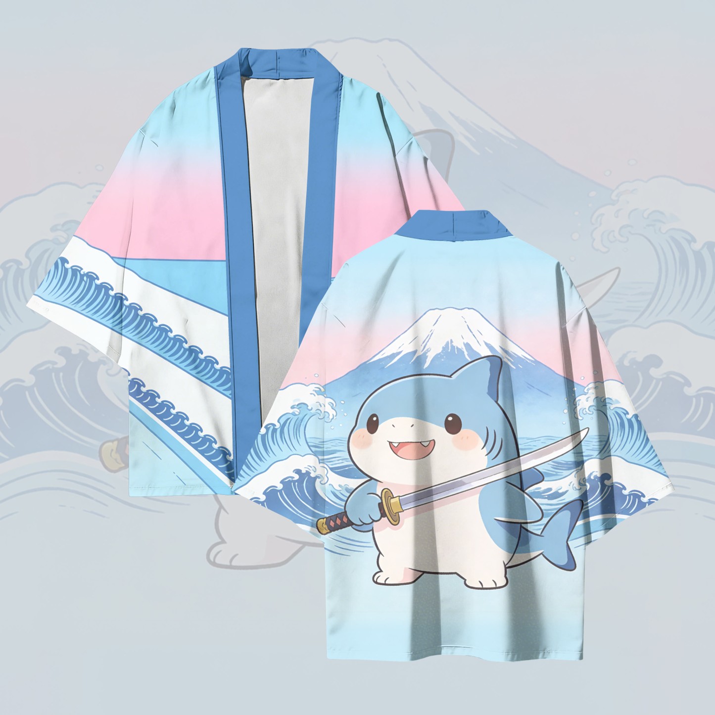 サムライシャーク柄のModakawaカーディガン着物アウター - Blue - 3XL - image 1