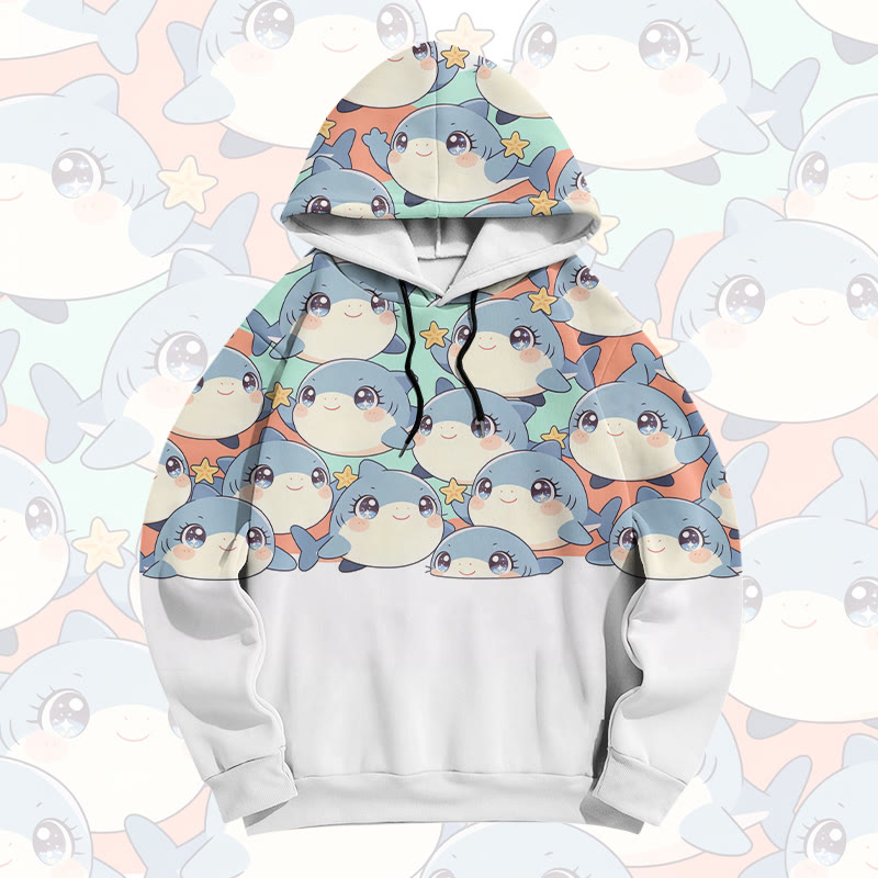 フレンドリーシャークグラフィックModakawaプルオーバーパーカー - White - 6XL - image 1