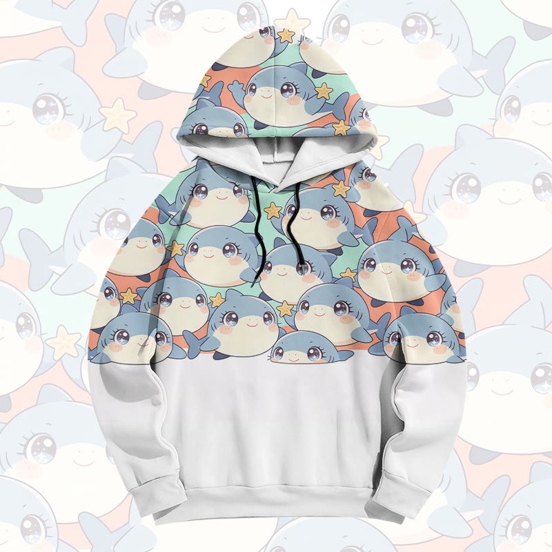 フレンドリーシャークグラフィックModakawaプルオーバーパーカー - White - 6XL - image 1