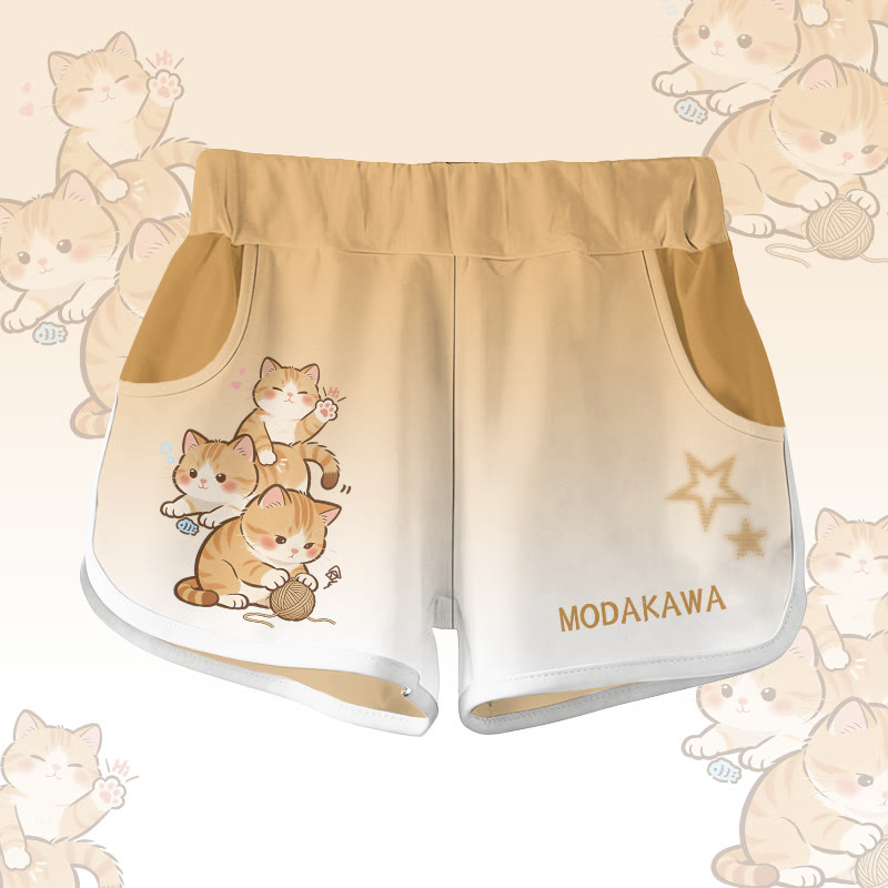 遊び心のある猫のグラフィック入りModakawaショーツ - Yellow - 5XL - image 1