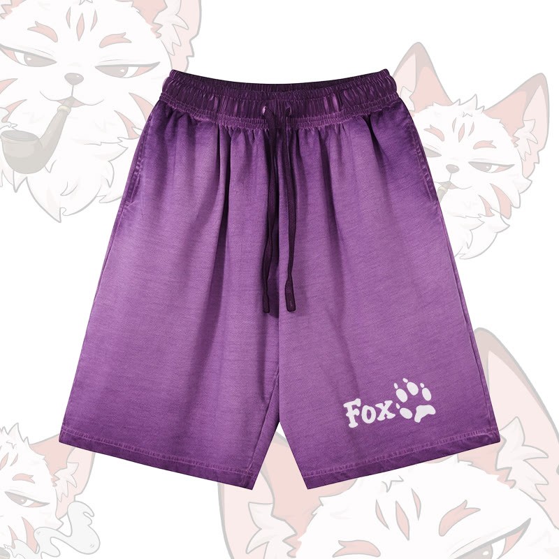 FOXグラフィックModakawa100%綿ヴィンテージウォッシュ ダメージ加工 ショートパンツ - Purple - 5XL - image 3